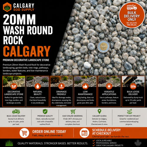 20mm washed round rock landscape stone in Calgary with bulk delivery for garden beds, pathways, drainage, borders, and decorative landscaping.