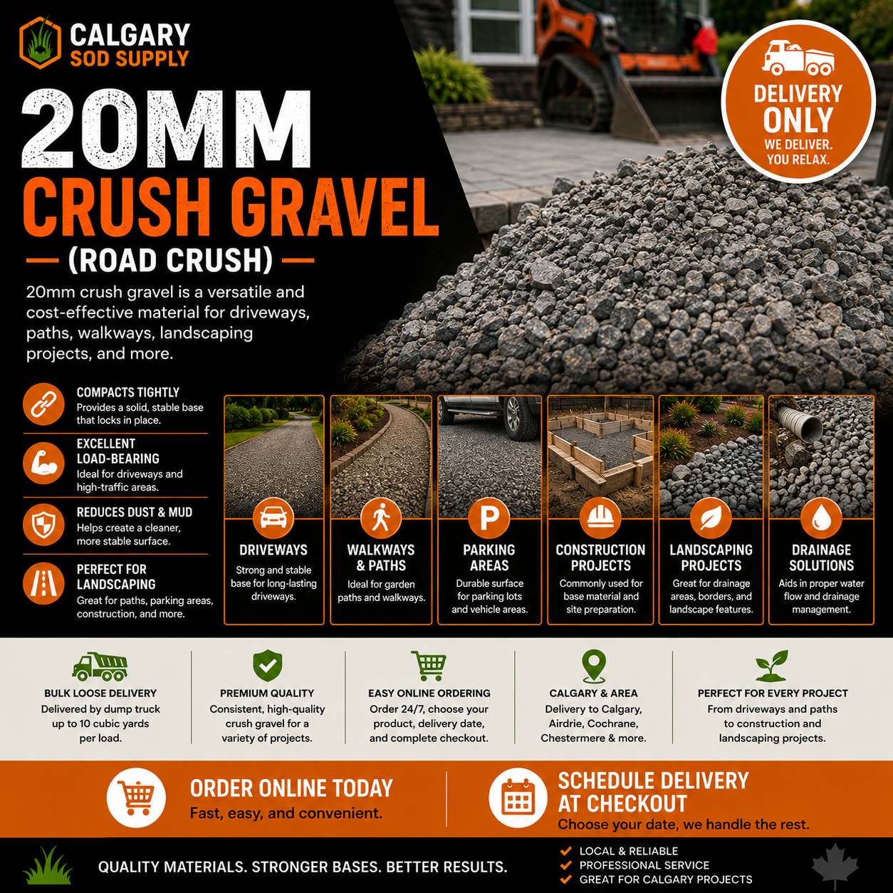 20mm Crush Gravel (Road Crush) delivered in Calgary for driveways, walkways, parking areas, landscaping, drainage, and construction projects. Bulk loose delivery available up to 10 cubic yards per truck load.