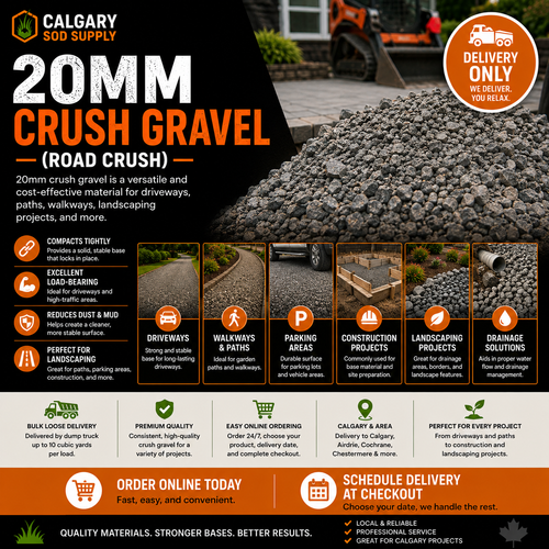 20mm Crush Gravel (Road Crush) delivered in Calgary for driveways, walkways, parking areas, landscaping, drainage, and construction projects. Bulk loose delivery available up to 10 cubic yards per truck load.