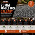 25mm Rundle Rock decorative landscape stone in Calgary. Natural charcoal and grey rock used for garden beds, tree rings, pathways, borders, drainage areas, and low-maintenance landscaping projects. Bulk loose delivery available up to 10 cubic yards per truck load.