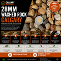 28mm Washed Rock decorative landscape stone in Calgary. Clean rounded rock with natural earth-tone colours used for drainage systems, garden beds, tree rings, pathways, foundation borders, water features, and low-maintenance landscaping projects. Bulk loose delivery available up to 10 cubic yards per truck load.