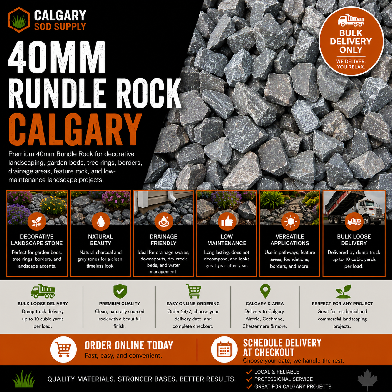 Order 40mm Rundle Rock online in Calgary. Premium decorative landscape rock for garden beds, tree rings, drainage areas, dry creek beds, and low-maintenance projects.