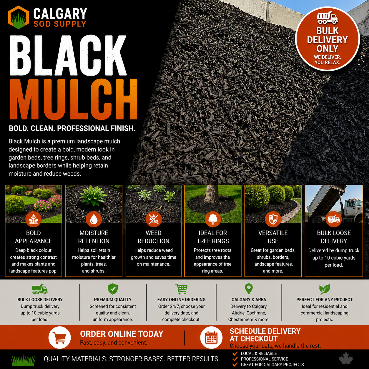 Black Mulch Calgary – Premium black landscape mulch for garden beds, tree rings, shrub beds, and landscape borders. Bulk loose delivery available throughout Calgary and surrounding areas. Order black mulch online.
