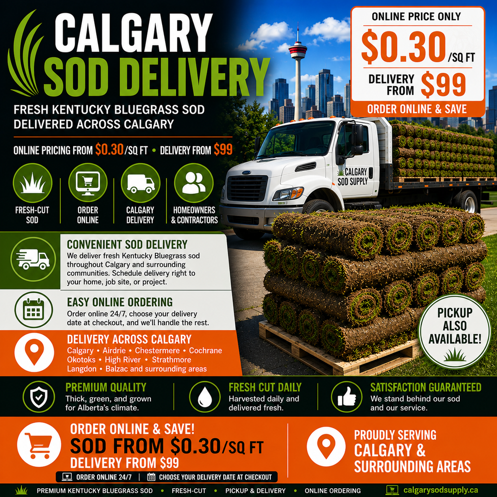 Calgary Sod Delivery – Kentucky Bluegrass Sod Online from $0.30 per sq ft with delivery from $99.