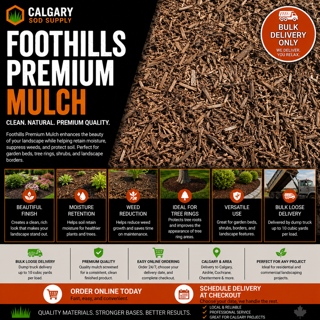 Foothills Premium Mulch Calgary – Premium landscape mulch available for bulk delivery. Ideal for garden beds, tree rings, shrub beds, moisture retention, weed reduction, and creating a clean finished landscape appearance throughout Calgary and surrounding areas.