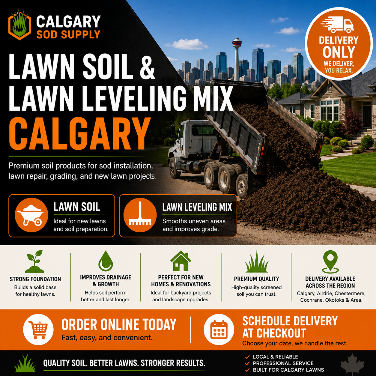 Calgary lawn soil and lawn leveling mix with bulk delivery for new lawns, lawn repair, grading, and landscaping projects throughout Calgary.