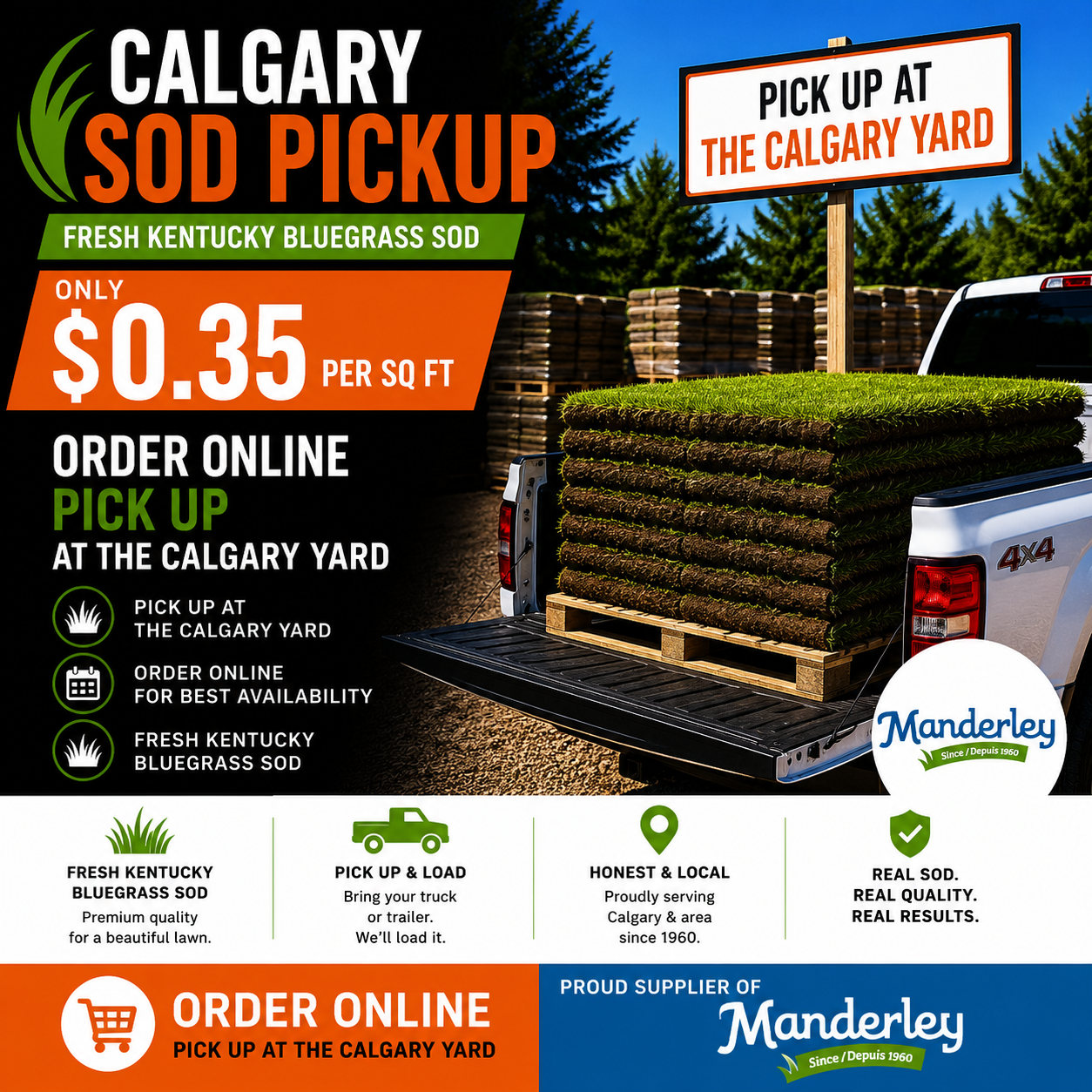 Calgary Sod Pickup at the Calgary yard featuring fresh Kentucky Bluegrass sod for pickup. Order online with pickup in Calgary starting at $0.35 per square foot.