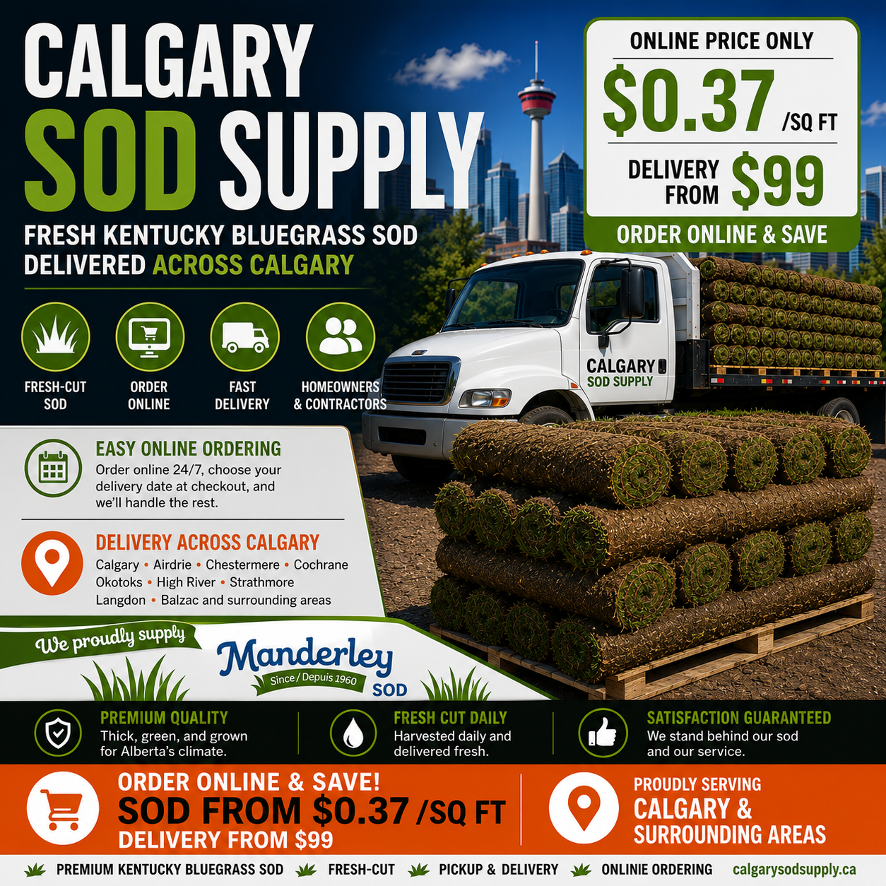 Calgary Sod Supply truck delivering premium Kentucky Bluegrass sod across Calgary with online ordering, fast delivery, and fresh-cut Manderley sod.