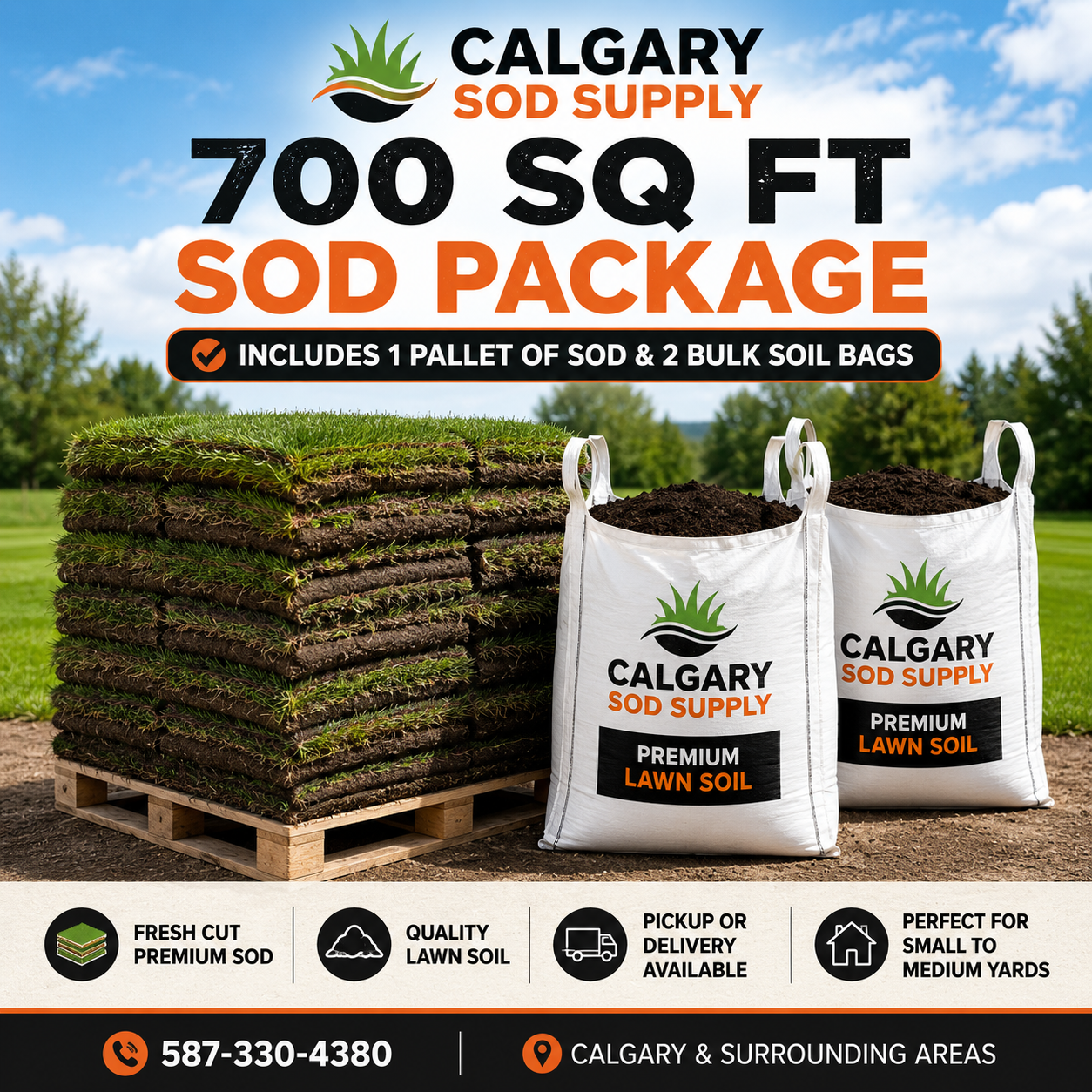 Advertisement for Calgary Sod Supply with sod and soil packages on a clear day.